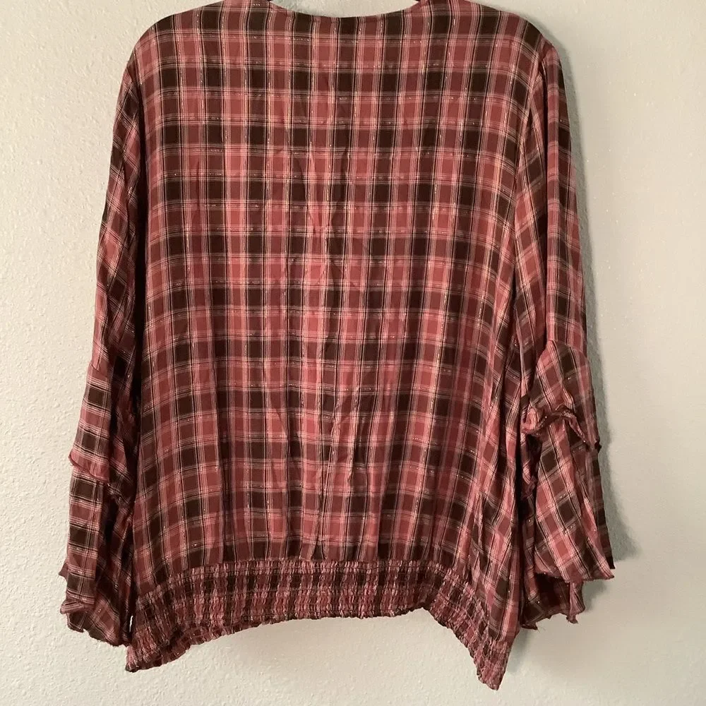 Red Plaid Cabincore Holiday Autumn Fall Christmas Ruffle Sleeve Top 22/24W - Picture 7 of 8